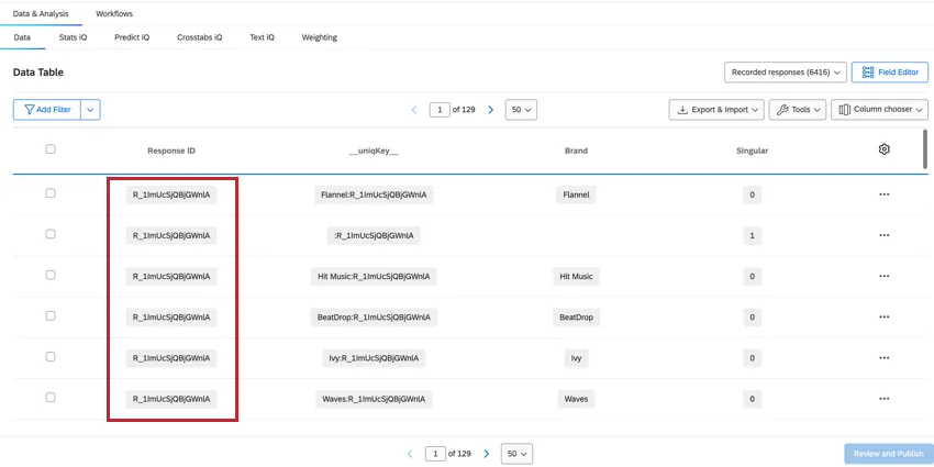 Highlighted the response ID column