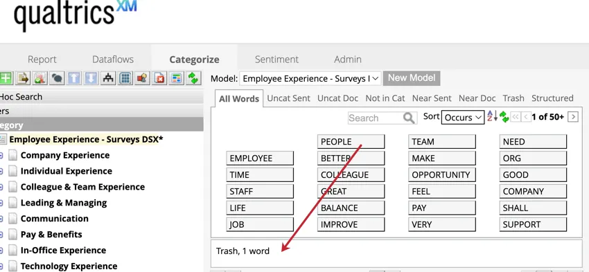 Key words and an arrow pointing to the trash tab