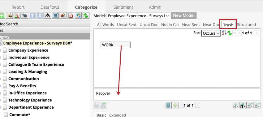 Shows the trash tab and highlights a term that can be dragged to the recovery box