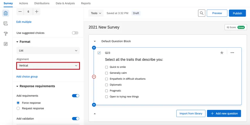 a multiple choice question in the vertical format