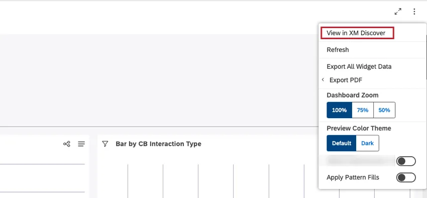 Wählen Sie im Optionsmenü die Option In XM Discover anzeigen aus, um zu Studio zurückzukehren und das ursprüngliche Dashboard anzuzeigen.