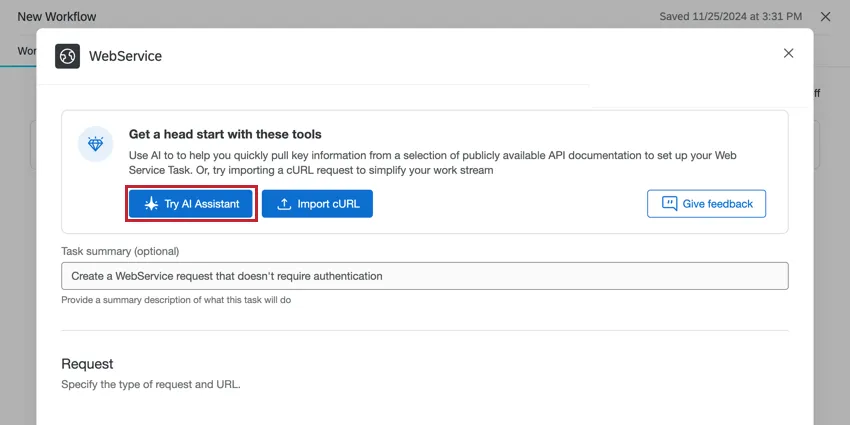 Pruebe el botón AI Assistant en la tarea del servicio web