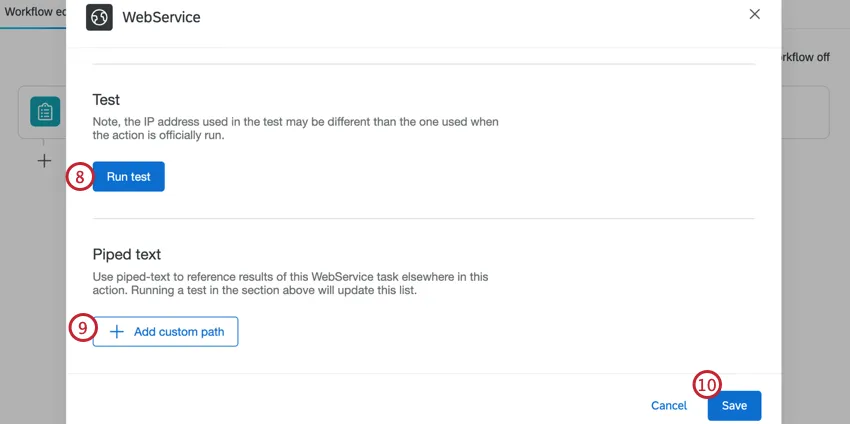 Run test button, add custom path button, and save button