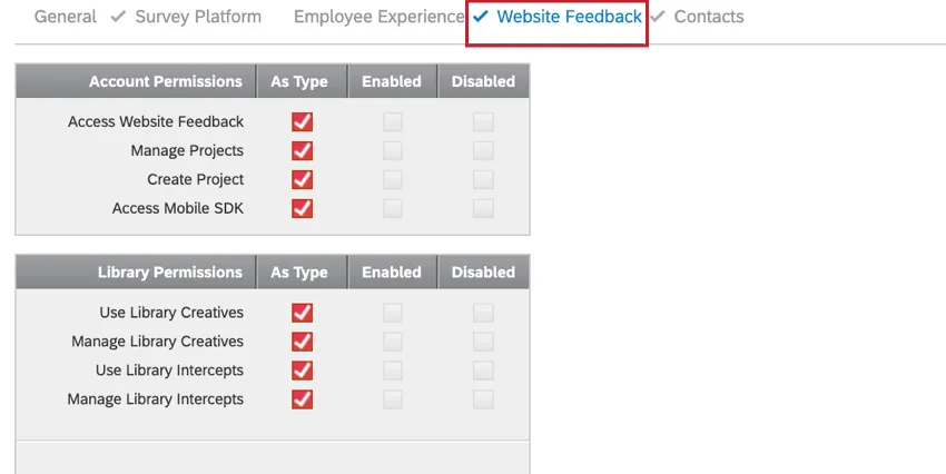 the website feedback section of the user permissions page