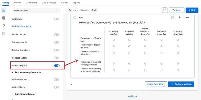 the add whitespace toggle for a matrix table