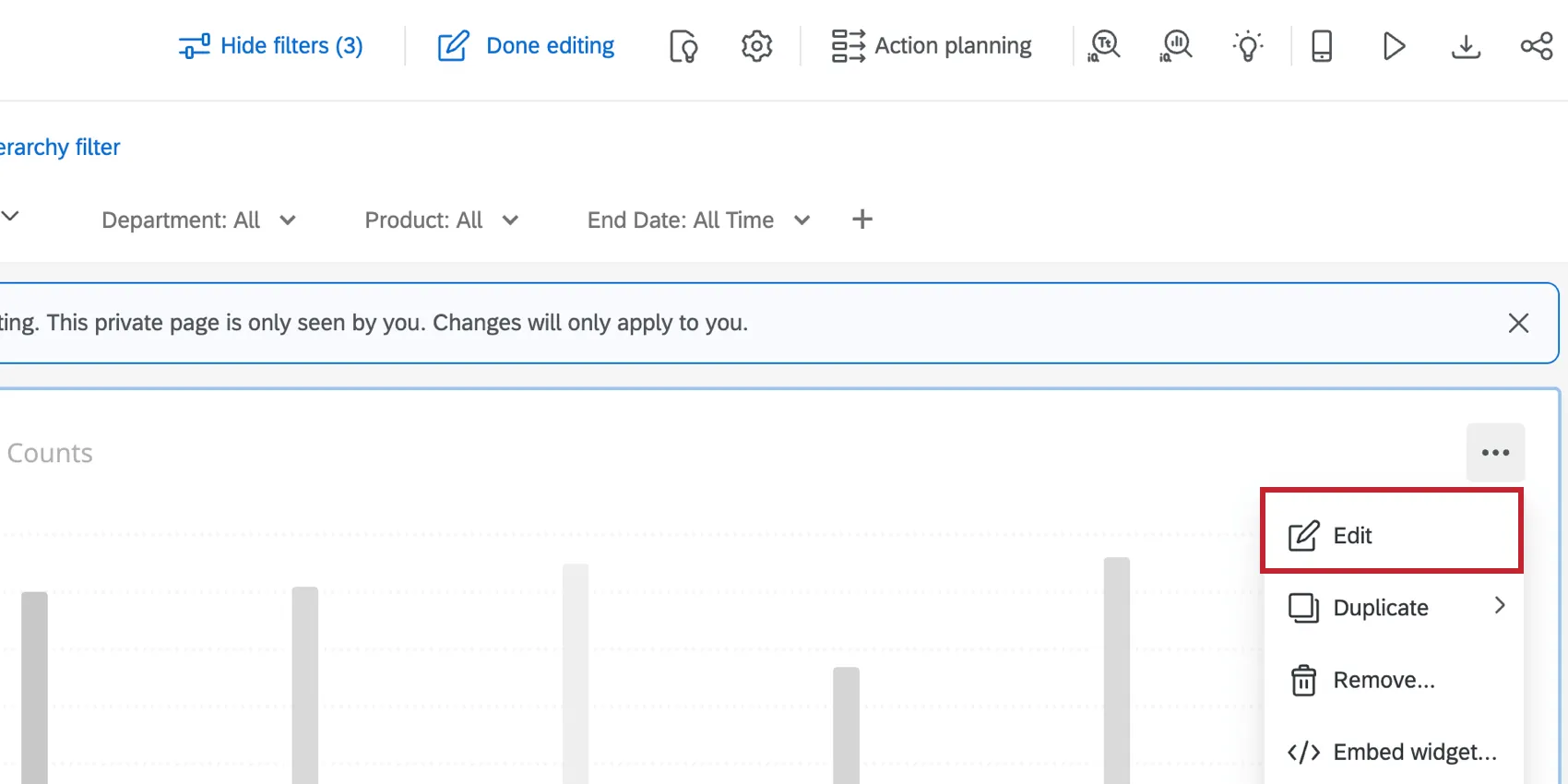 Editing the widget by clicking the three dot menu