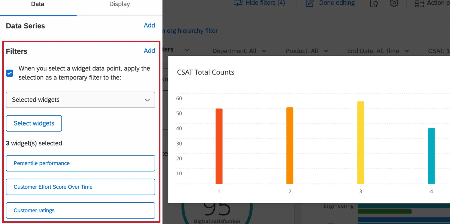 La sezione filtri della configurazione del widget