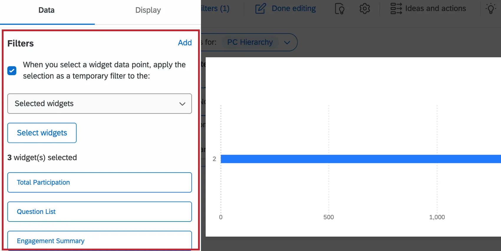 Sección de filtrado de la configuración del widget del Tablero EX