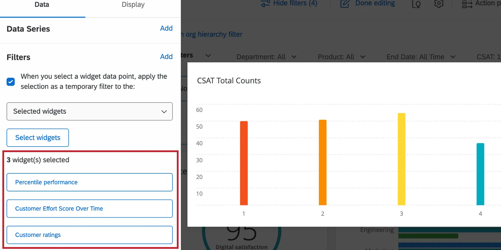 Les filtres sélectionnés sont affichés dans la section Filtres de la configuration du widget