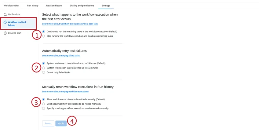 the workflow and task failures tab