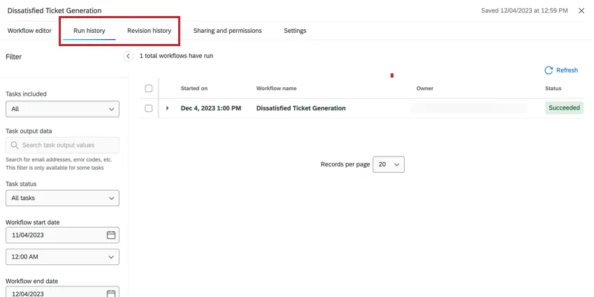 Registerkarten Ausführungsverlauf“ und Revisionsverlauf“
