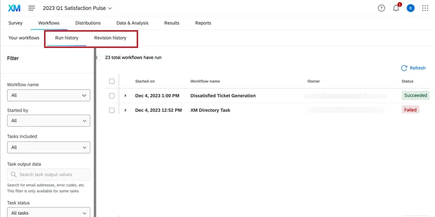 the run history tab of the workflows tab in a project
