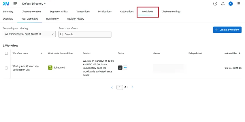 Highlights the workflows tab in XM Directory