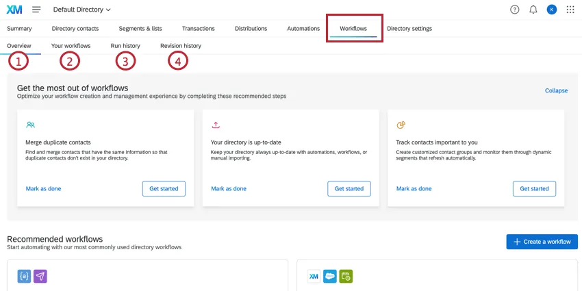 Aba Workflows destacada com as diferentes seções da aba exibidas