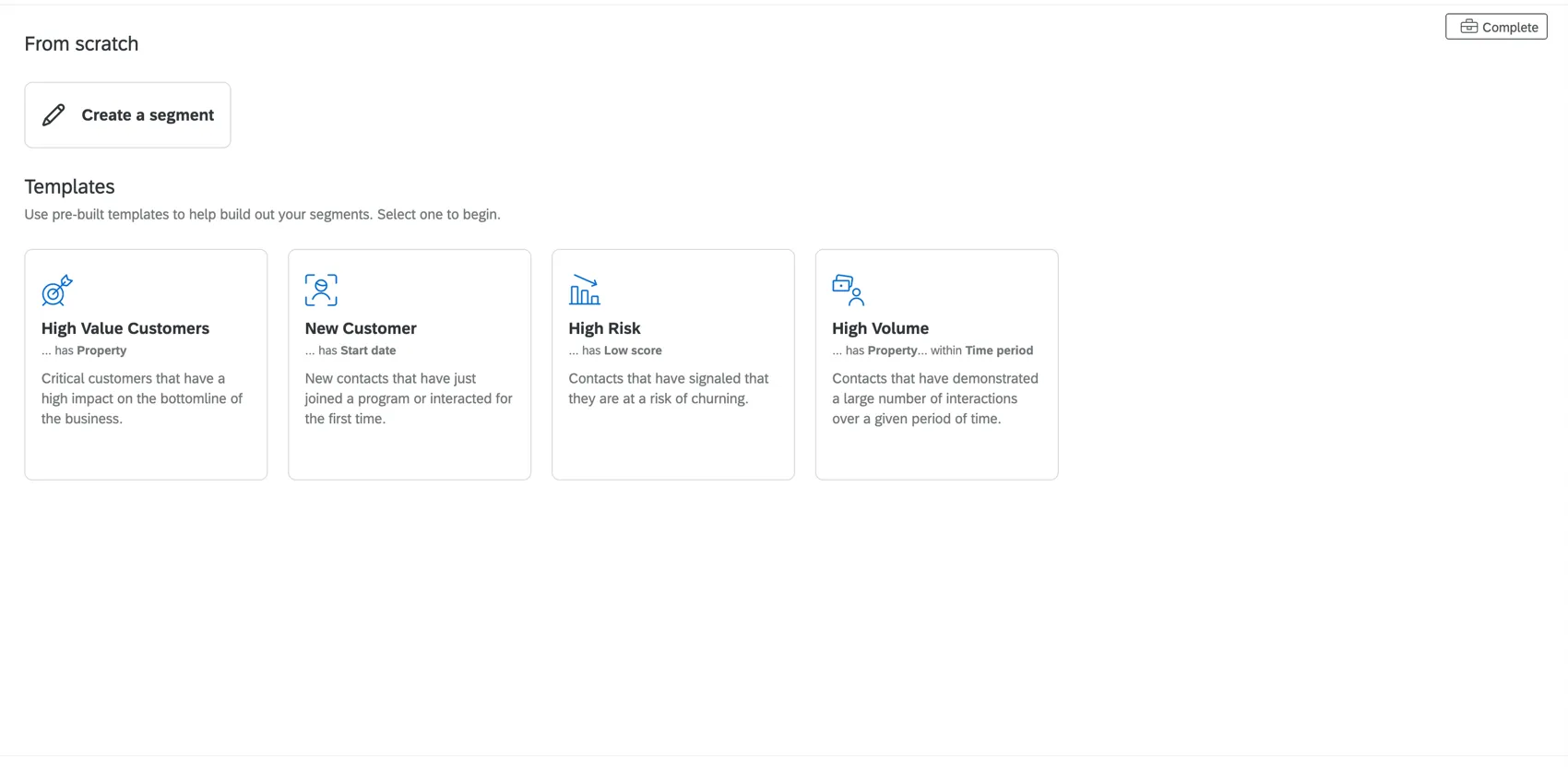 Muestra los diferentes segmentos disponibles en el menú de segmentación.