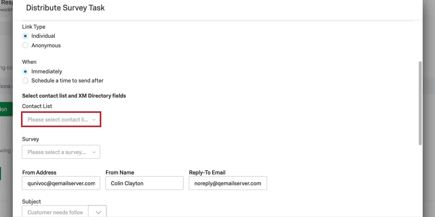image of the "select contact list" field highlighted in the xm directory task