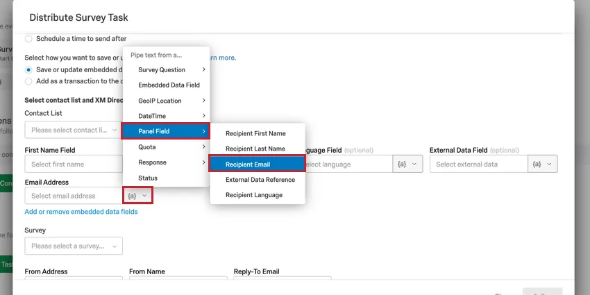 immagine dellattività Directory XM che mostra come selezionare le-mail del destinatario nel menu Testo trasferito