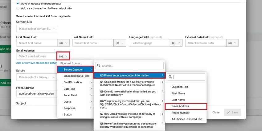 image of how to select a survey question answer in the piped text menu