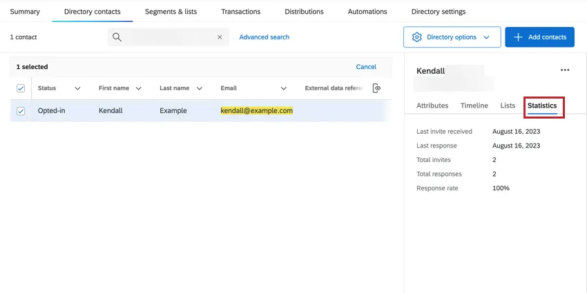 la section des statistiques dun contact individuel