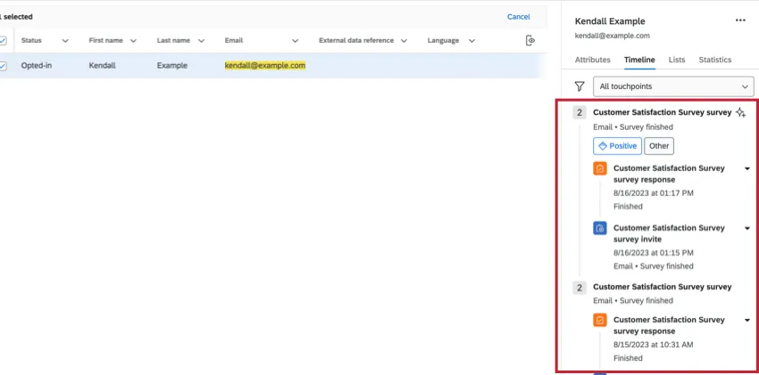 Línea de tiempo con punto de contacto expandido como una burbuja