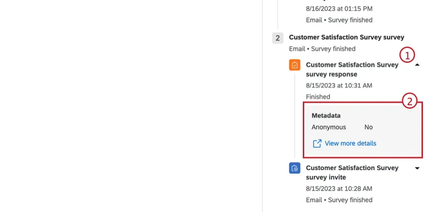 Image shows the arrow next to the survey response that you can click to view additional metadata from that response