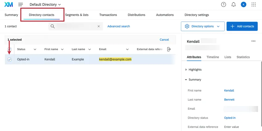 Nella scheda Contatti della directory è stato selezionato un contatto