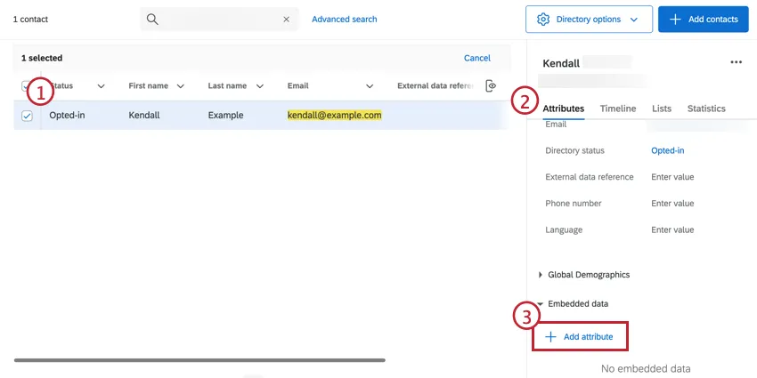 Image de la sélection dun contact et du clic sur le bouton dajout dattribut