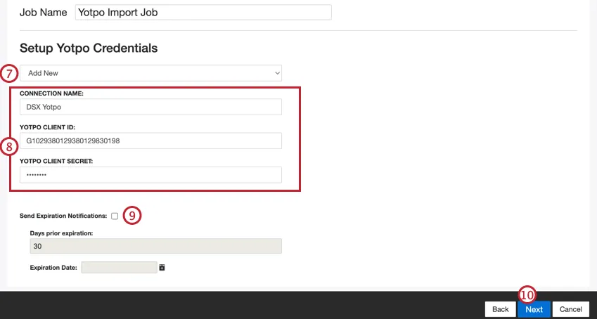 Nombre de la conexión, ID del cliente y secreto