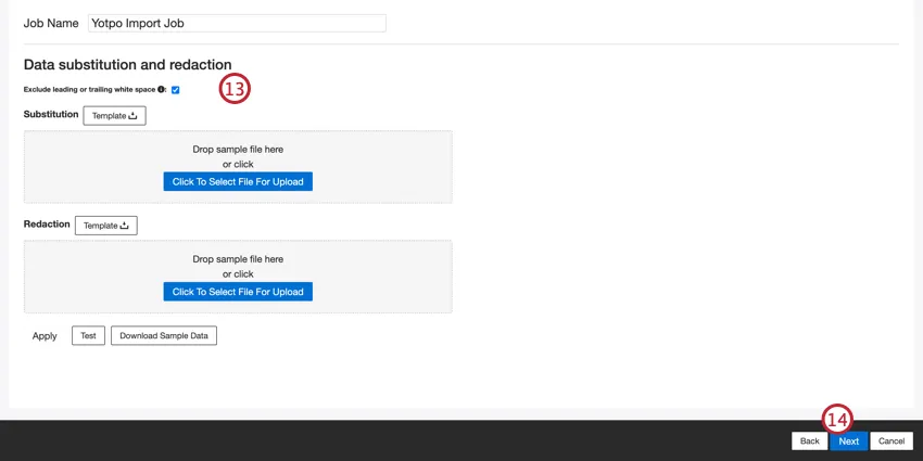 Data substitution and redaction, with upload