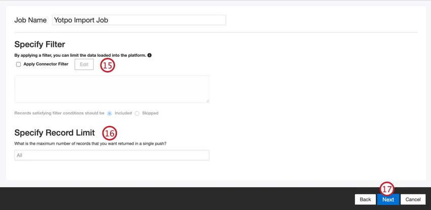 Especificar filtro y límite de registro