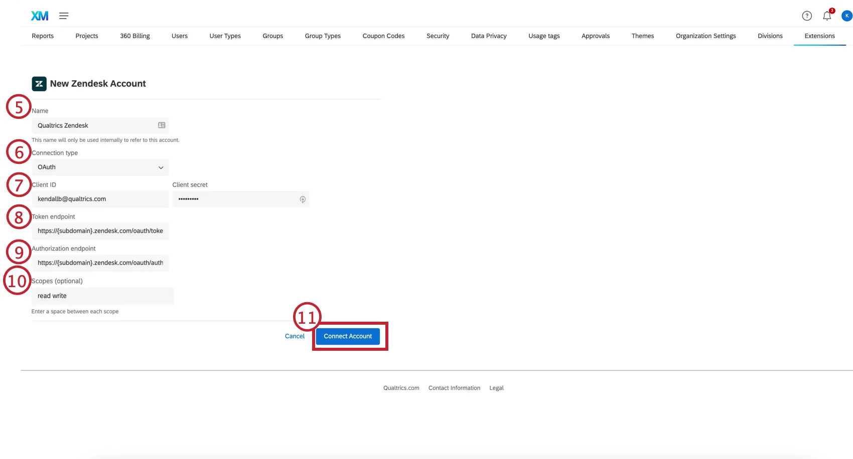 Shows Zendesk information entry in Qualtrics setup page