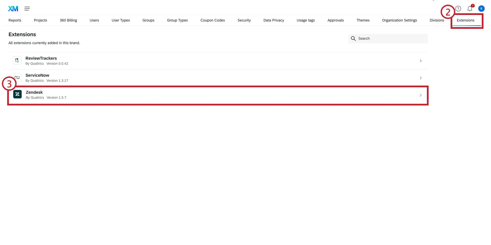 Shows zendesk in extensions tab of Qualtrics admin page