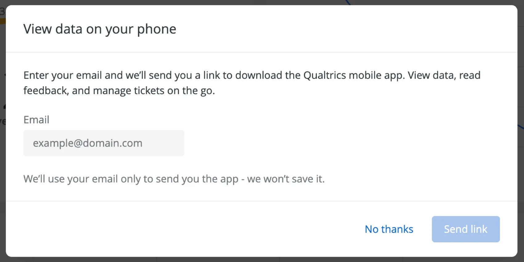 Fenster, in dem der Benutzer angewiesen wird, seine E-Mail-Adresse einzugeben, damit ihm ein Link zum Herunterladen der mobilen App gesendet werden kann. Beachten Sie, dass diese E-Mail-Adresse nicht gesichert wird und nur benötigt wird, um diesen mobilen Link zu senden. Dann gibt es ein Feld, in das die E-Mail-Adresse eingegeben werden kann.