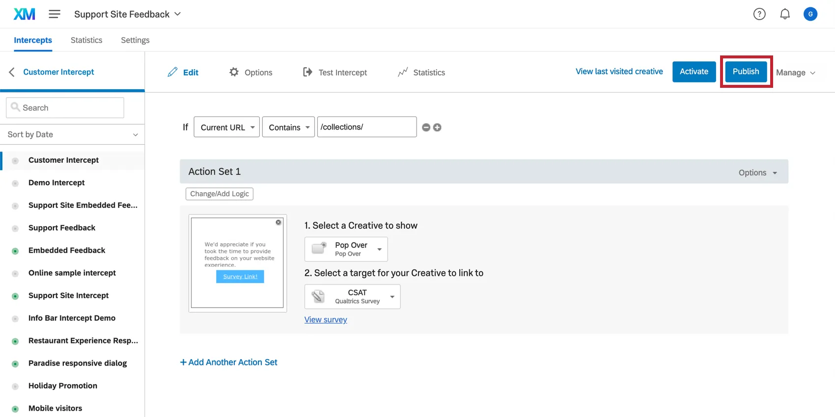 Publishing an intercept in A/B testing