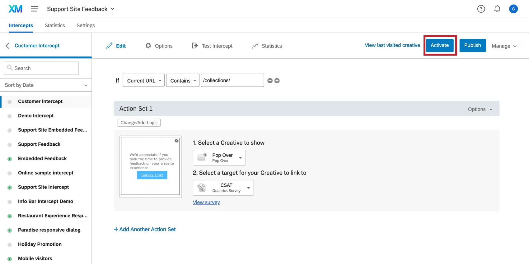 Activating an intercept for A/B testing