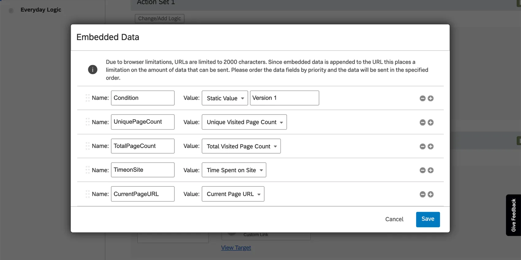 Embedded data setting a condition, but also the dynamic values described pulling website visit data and such