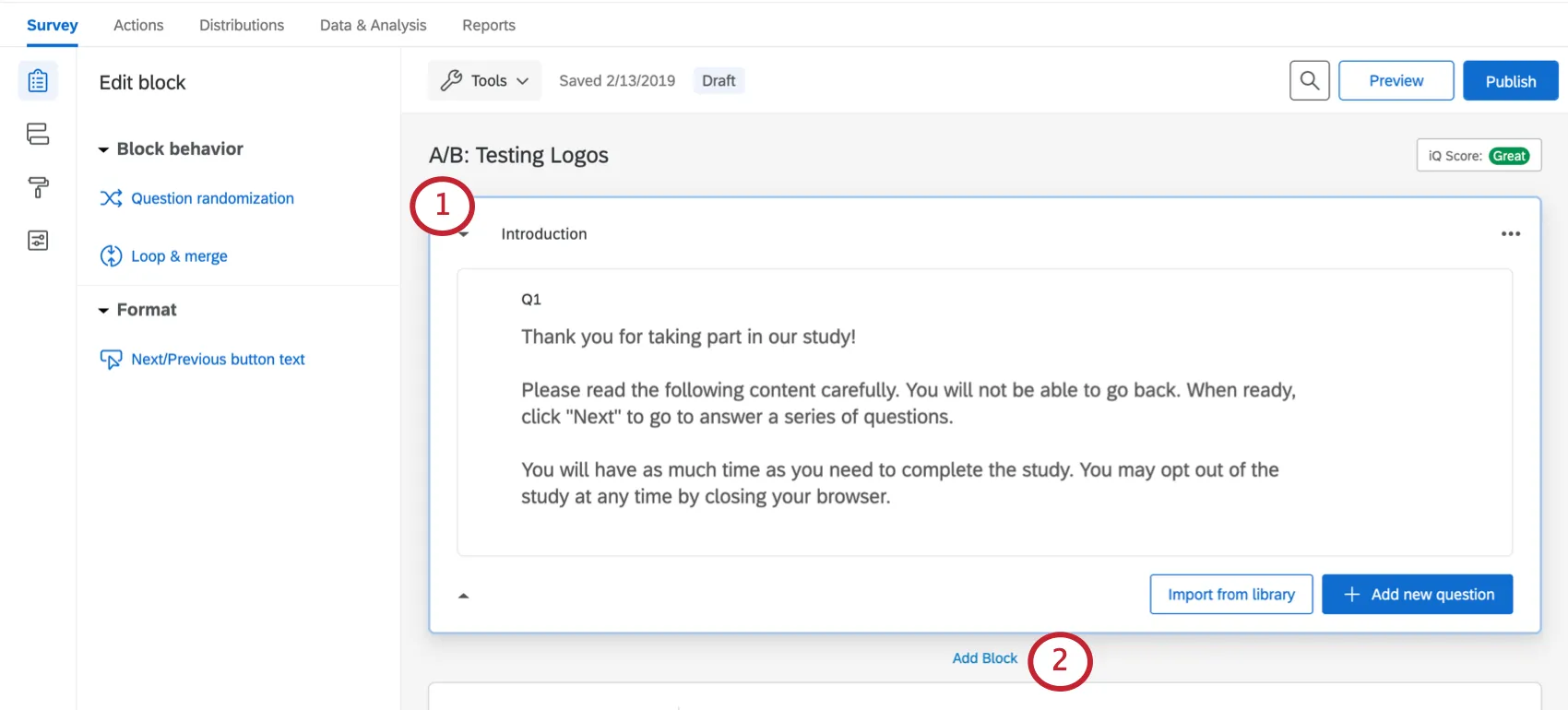 Survey with introductory block with one descriptive text in it. Add Block link in blue below this block