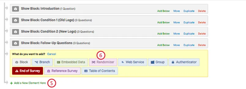 Inside survey flow adding randomizer at bottom. Randomizer choice is pink, top yellow row of choices