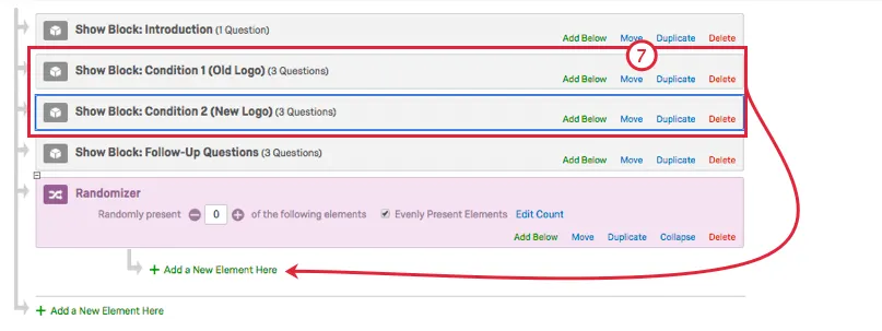 Moving blocks with blue move link to be nested under randomizer at bottom