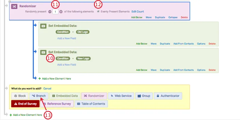 Refinar randomizador na parte superior e depois voltar para a parte inferior para adicionar um novo elemento