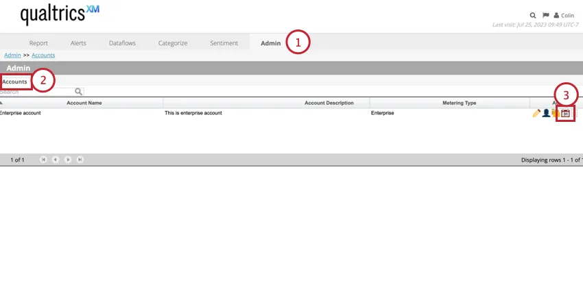 Navegando a la sección de cuentas de administración y haciendo clic en el ícono del calendario