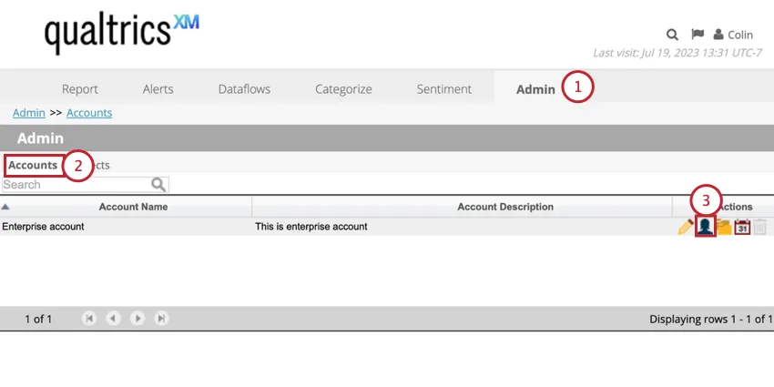 navigating to the accounts section of admin and clicking the person icon