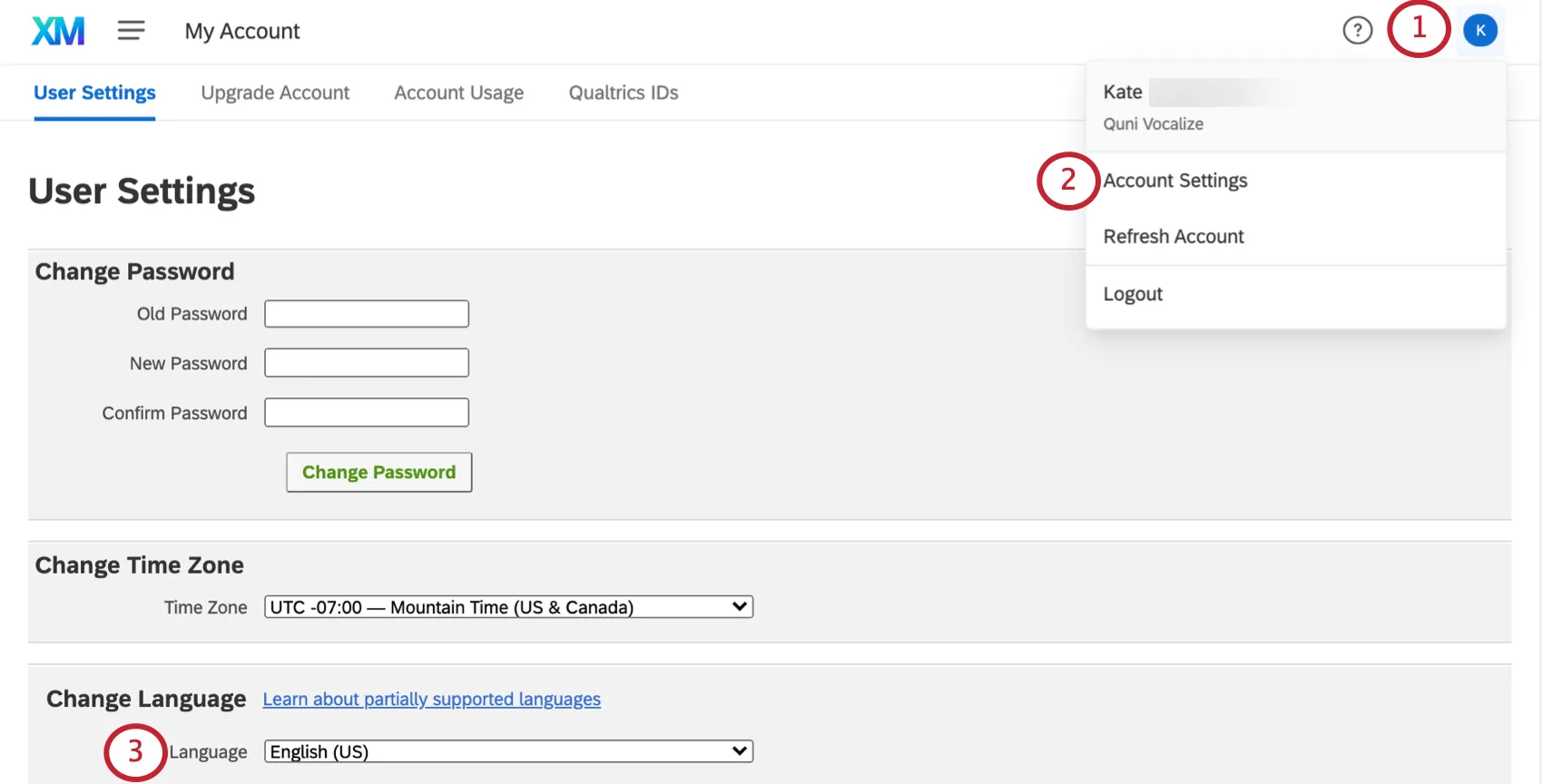 account settings, changing the language