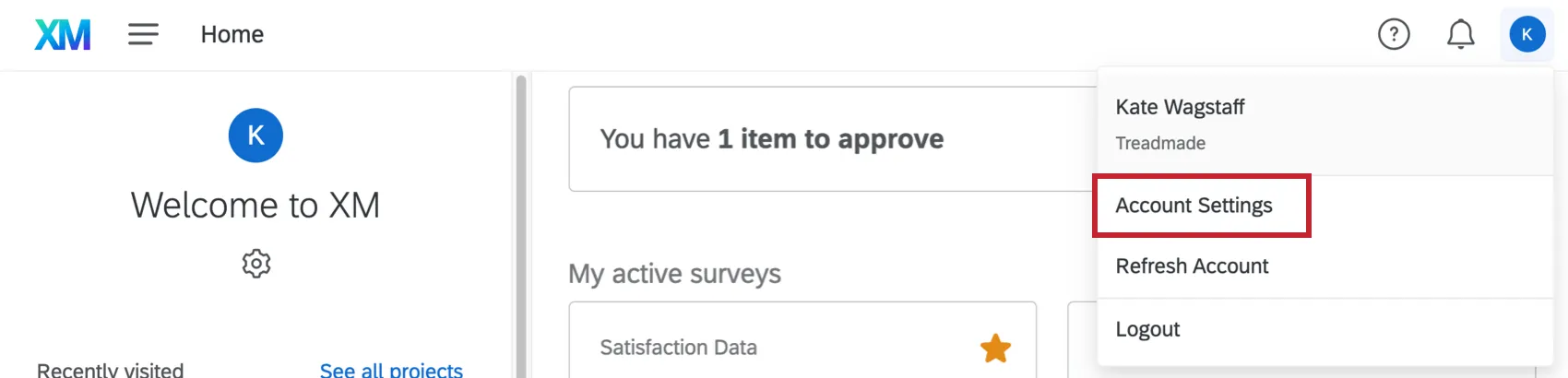 imagen de la página de inicio con el icono de usuario en la esquina superior derecha resaltada. Haga clic en el icono de usuario para abrir el menú desplegable y acceder a la configuración de cuenta.