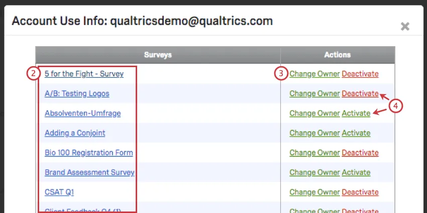Survey listed in blue to left column. Right column has change own links next to activate/deactive links.