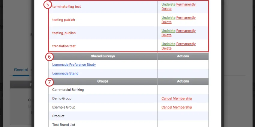 scrolling down list are surveys with names listed in red; then shared surveys; then groups