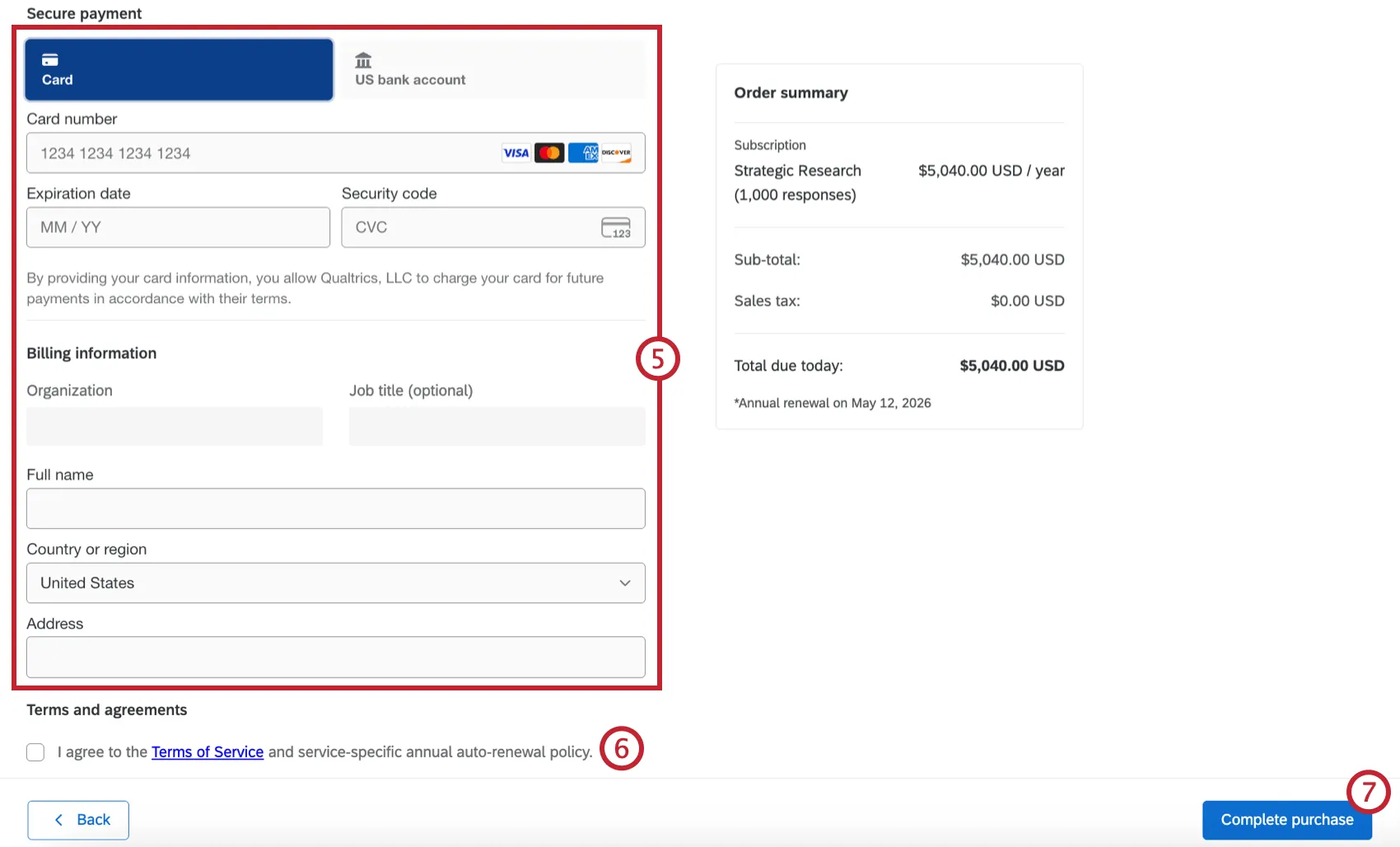 page with fields to enter card information
