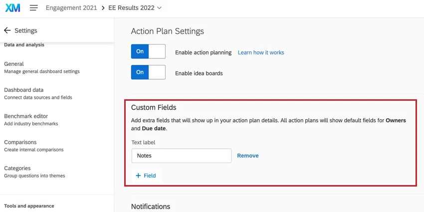 the custom fields section of action plan settings