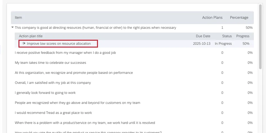 item summary expanded to show an action plan. only 1 plan is shown in the resourcing item