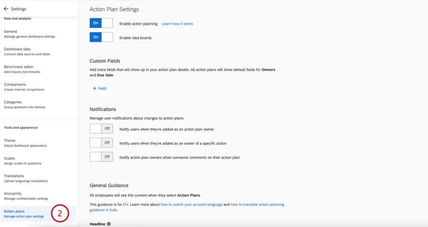 going to the action plans section of dashboard settings